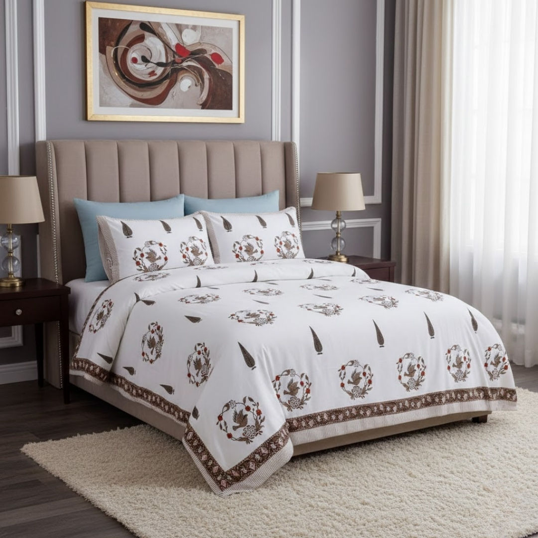 Pleasing nest brown fine cotton hand block king size bedsheet set